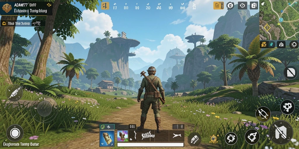 Screenshot gameplay ADAM77 menunjukkan eksplorasi dunia terbuka yang luas.