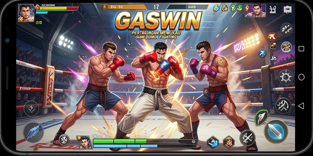 Tampilan gameplay GASWIN yang penuh aksi dan pertarungan seru.