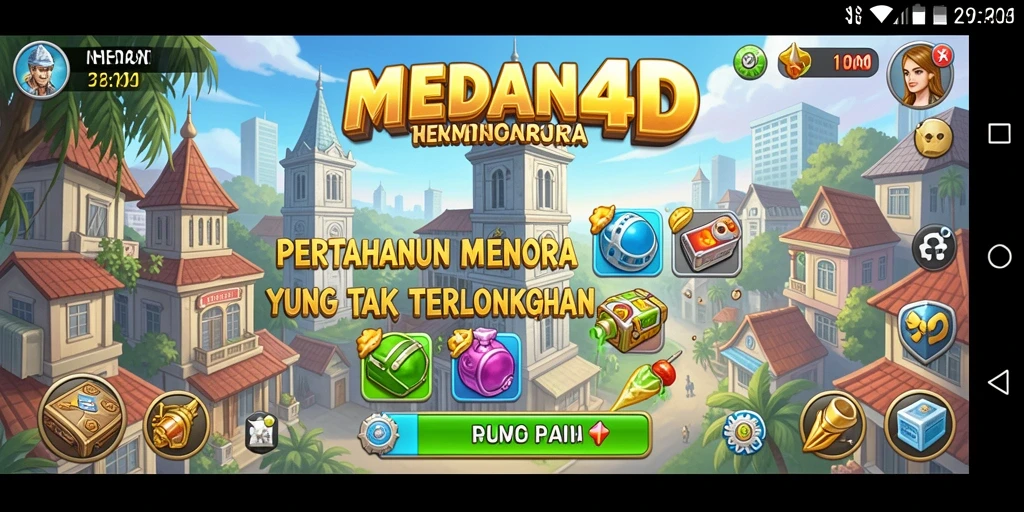 Tampilan gameplay MEDAN4D yang menarik dengan berbagai menara pertahanan.