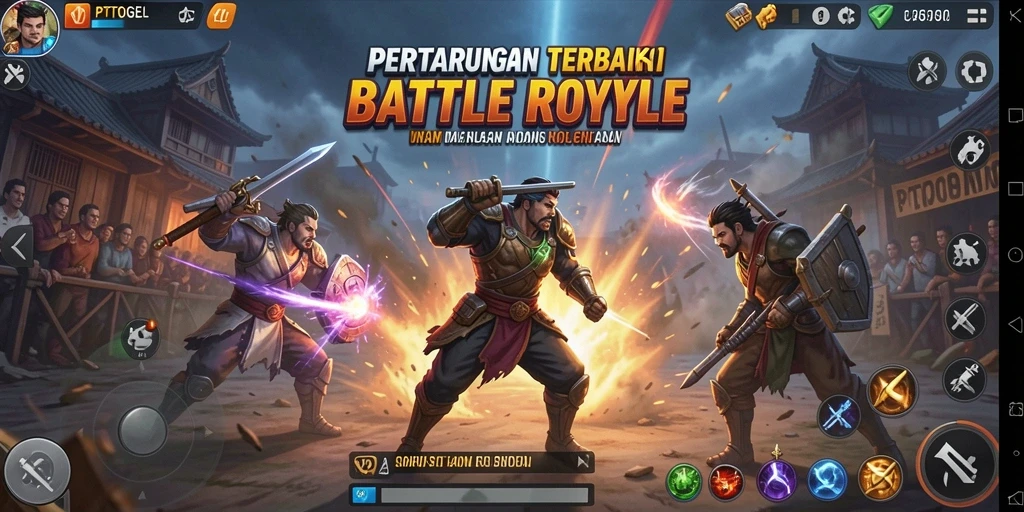 Screenshot gameplay PTTOGEL menampilkan aksi pertarungan seru di arena Battle Royale.
