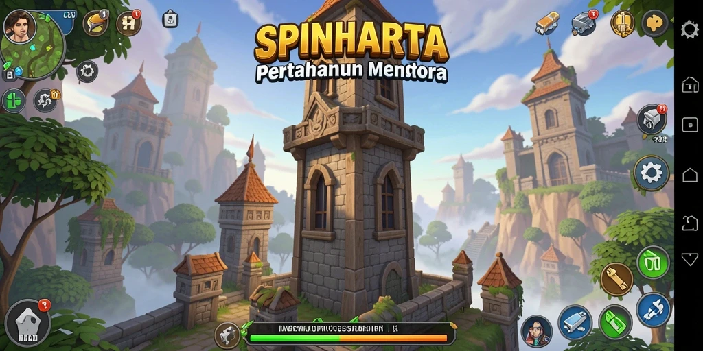 Tampilan gameplay SPINHARTA yang seru dalam pertarungan Tower Defense.